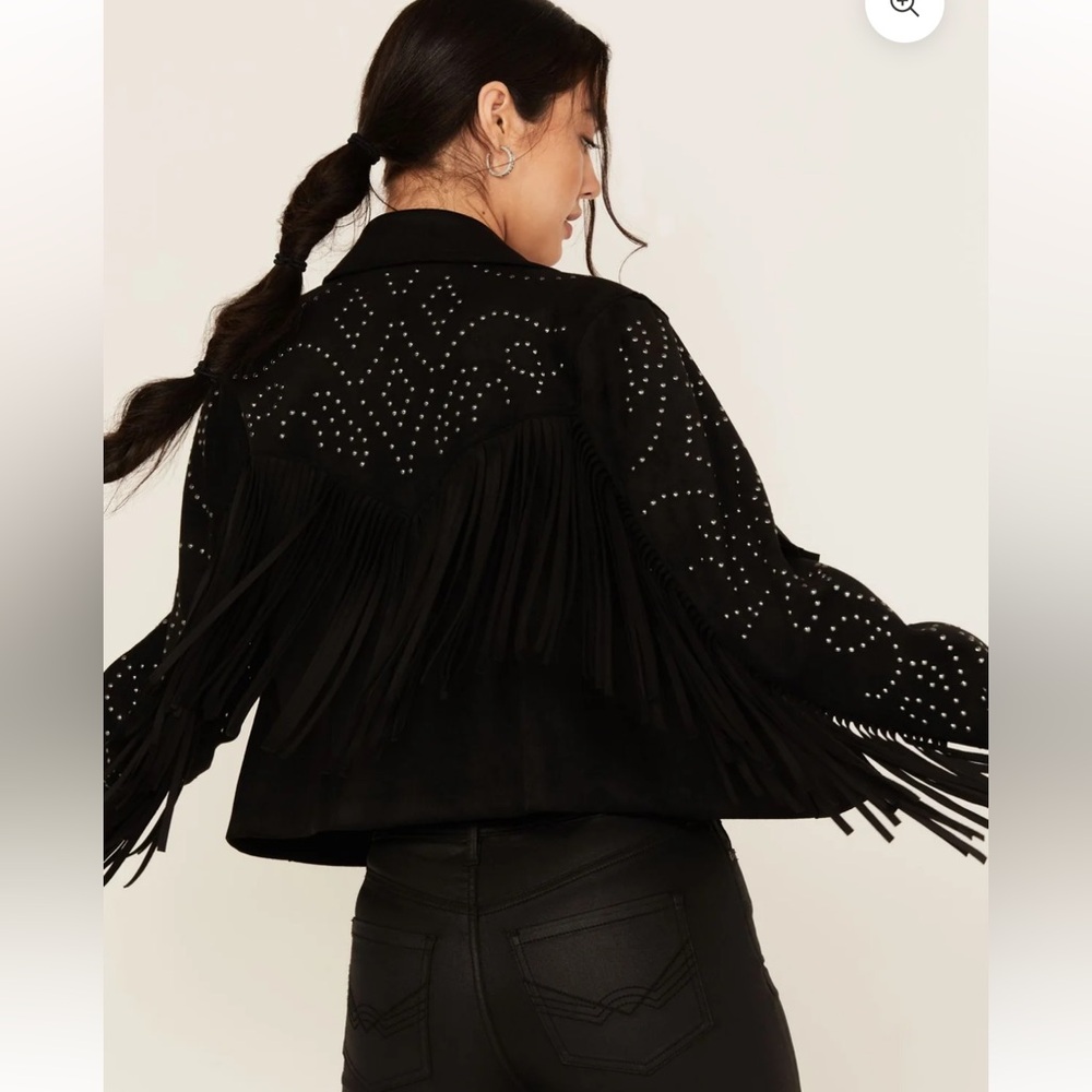 FRINGE AND STUDDED FAUX SUEDE SNAP JACKET idyllwind Blair size small - Picture 4 of 11